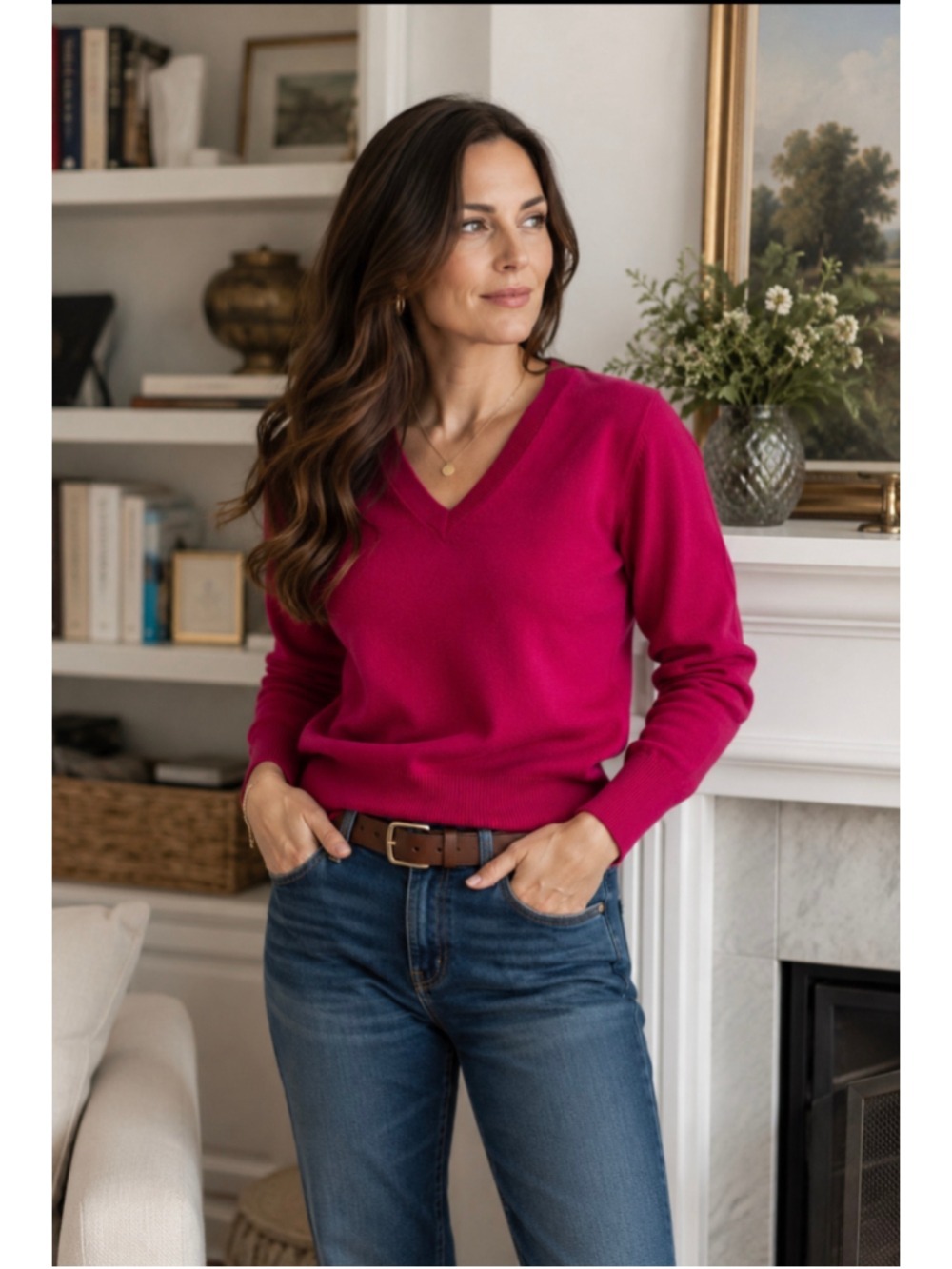 Catherine Malandrino Fuchsia V-Neck Sweater Stretch Knit Long Sleeve Pullover S